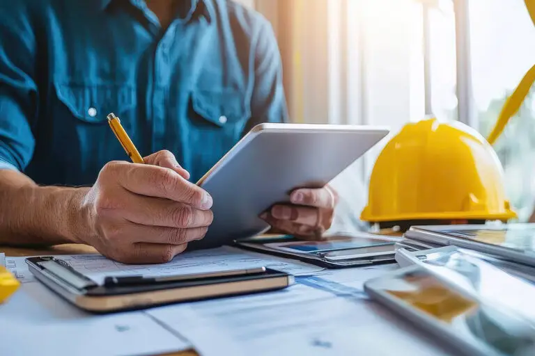 Digitale Bauplanung mit Tablet und Bauplänen im Facility Management